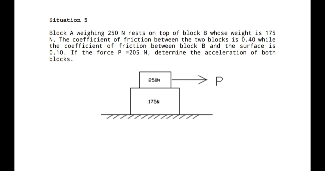 Situation 5
Block A weighing 250 N rests on top of block B whose weight is 175
N. The coefficient of friction between the two blocks is 0.40 while
the coefficient of friction between block B and the surface is
0.10. If the force P =205 N, determine the acceleration of both
blocks.
250N
175N
アTアT.
