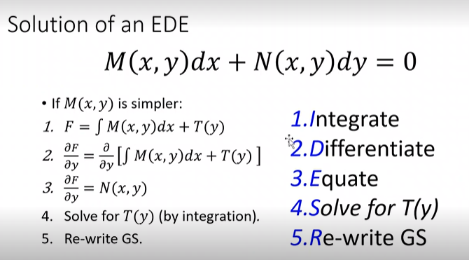 Solution of an EDE
• If M(x, y) is simpler:
1. F= M(x, y)dx + T(y)
2.
3.
ƏF
ду
ƏF
M(x, y)dx + N(x, y)dy = 0
=
[SM(x,y)dx +T(y)]
= N(x, y)
ду
4. Solve for T(y) (by integration).
5. Re-write GS.
1.Integrate
2. Differentiate
3.Equate
4.Solve for T(y)
5. Re-write GS
