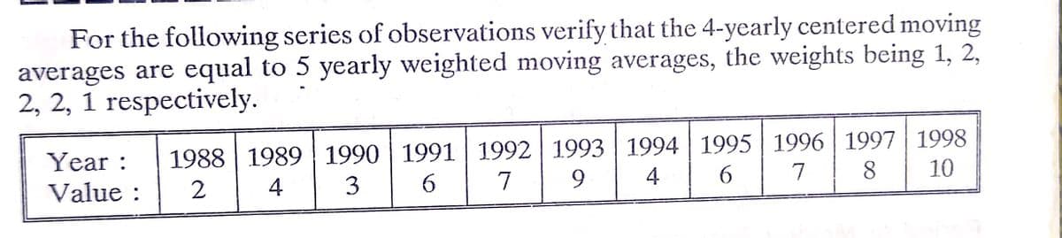 For the following series of observations verify that the 4-yearly centered moving
averages are equal to 5 yearly weighted moving averages, the weights being 1, 2,
2, 2, 1 respectively.
Year :
Value :
1988 | 1989 1990 | 1991 1992 1993 | 1994 | 1995 | 1996 | 1997 1998
9.
7
4
7
8
10
4
3
