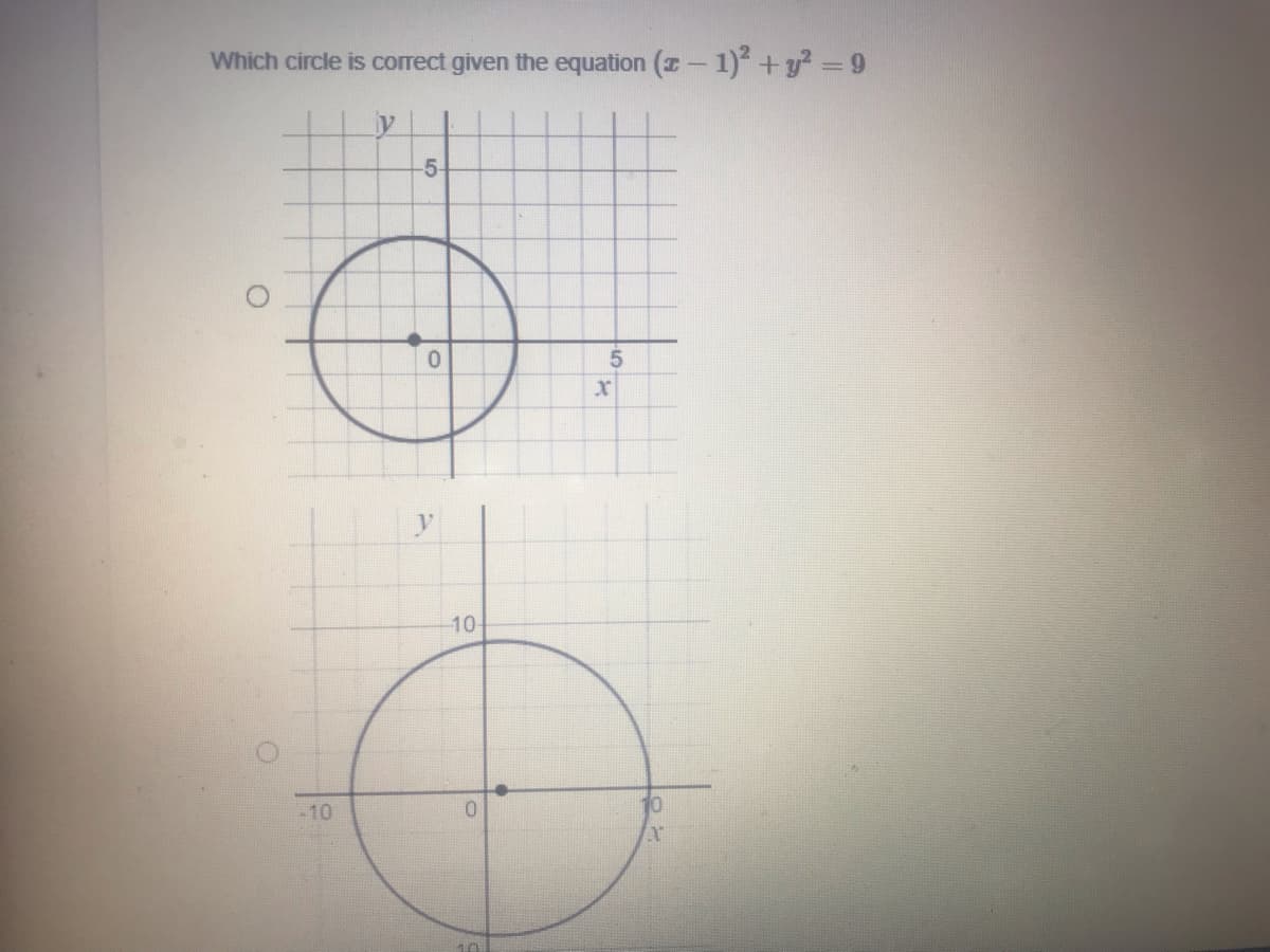 Which circle is correct given the equation (z- 1) +y =9
by
-5-
10-
-10
10
