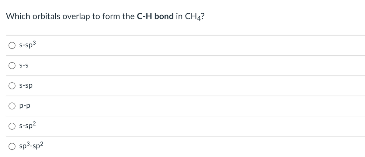 Which orbitals overlap to form the C-H bond in CH4?
s-sp3
S-S
S-sp
O p-p
s-sp?
sp3-sp?
