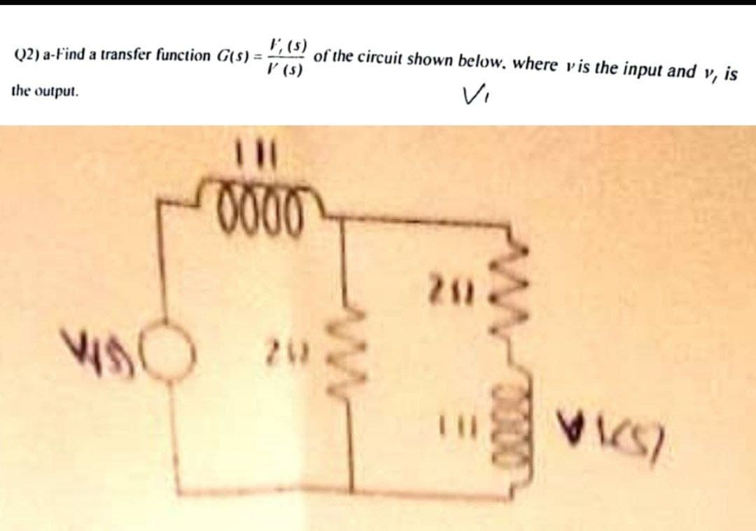 (2) a-Find a transfer function G(s) =
the output.
F, (s)
V (s)
of the circuit shown below, where is the input and v, is
Vi
0000
200
VI(S)