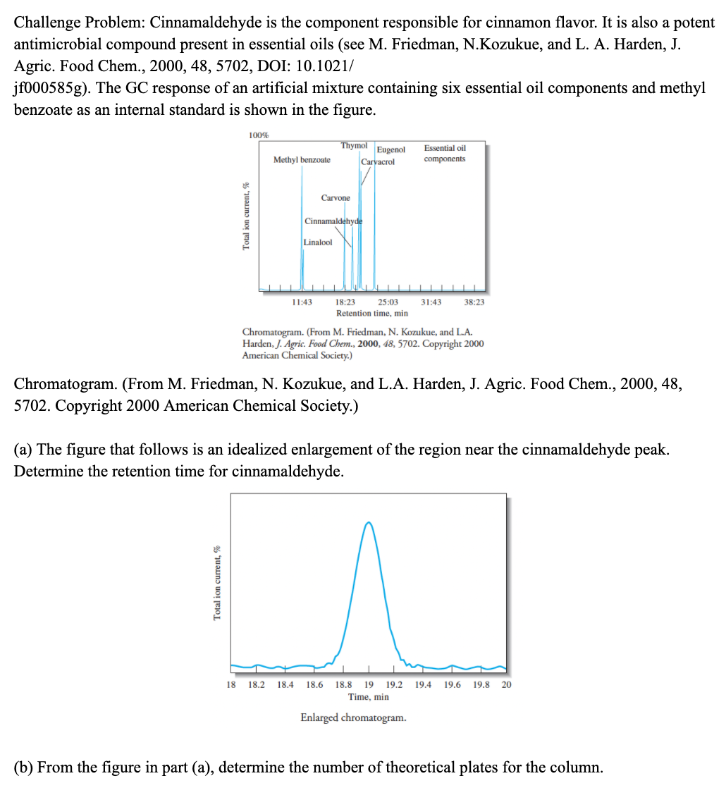 Challenge Problem: Cinnamaldehyde is the component responsible for cinnamon flavor. It is also a potent
antimicrobial compound present in essential oils (see M. Friedman, N.Kozukue, and L. A. Harden, J.
Agric. Food Chem., 2000, 48, 5702, DOI: 10.1021/
jf000585g). The GC response of an artificial mixture containing six essential oil components and methyl
benzoate as an internal standard is shown in the figure.
100%
Thymol
Eugenol
Essential oil
Methyl benzoate
Carvacrol
components
Carvone
Cinnamaldehyde
Linalool
11:43
18:23
25:03
31:43
38:23
Retention time, min
Chromatogram. (From M. Friedman, N. Kozukue, and L.A.
Harden, J. Agric. Food Chem., 2000, 48, 5702. Copyright 2000
American Chemical Society.)
Chromatogram. (From M. Friedman, N. Kozukue, and L.A. Harden, J. Agric. Food Chem., 2000, 48,
5702. Copyright 2000 American Chemical Society.)
(a) The figure that follows is an idealized enlargement of the region near the cinnamaldehyde peak.
Determine the retention time for cinnamaldehyde.
18 18.2 18.4
18.6
18.8
19 19.2
19.4 19.6
19.8
20
Time, min
Enlarged chromatogram.
(b) From the figure in part (a), determine the number of theoretical plates for the column.
Total ion current, %
Total ion current, %
