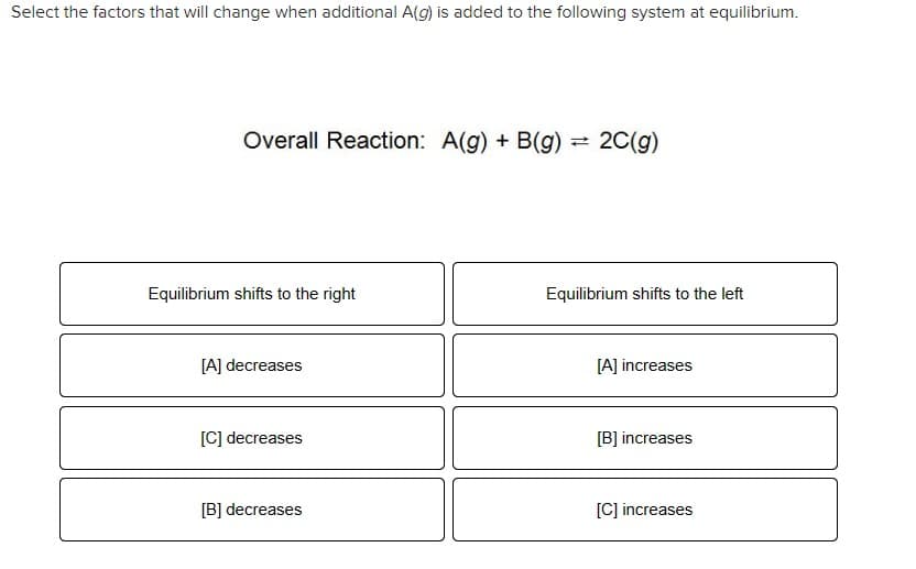 Select the factors that will change when additional A(g) is added to the following system at equilibrium.
Overall Reaction: A(g) + B(g) = 2C(g)
Equilibrium shifts to the right
Equilibrium shifts to the left
[A] decreases
[A] increases
[C] decreases
[B] increases
[B] decreases
[C] increases

