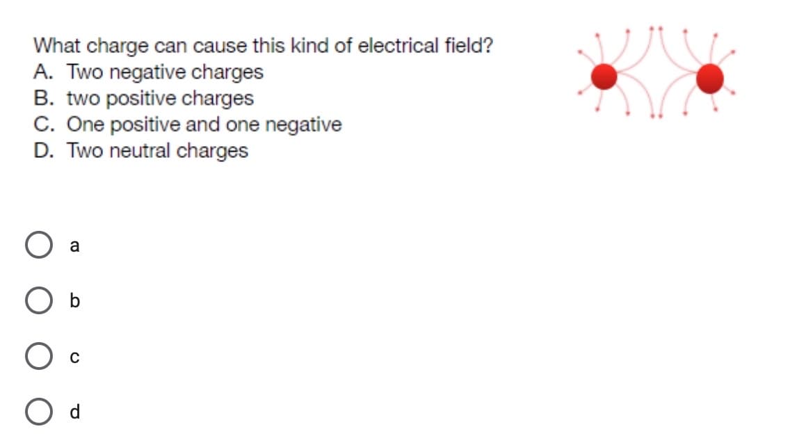 What charge can cause this kind of electrical field?
A. Two negative charges
B. two positive charges
C. One positive and one negative
D. Two neutral charges
a
O d
