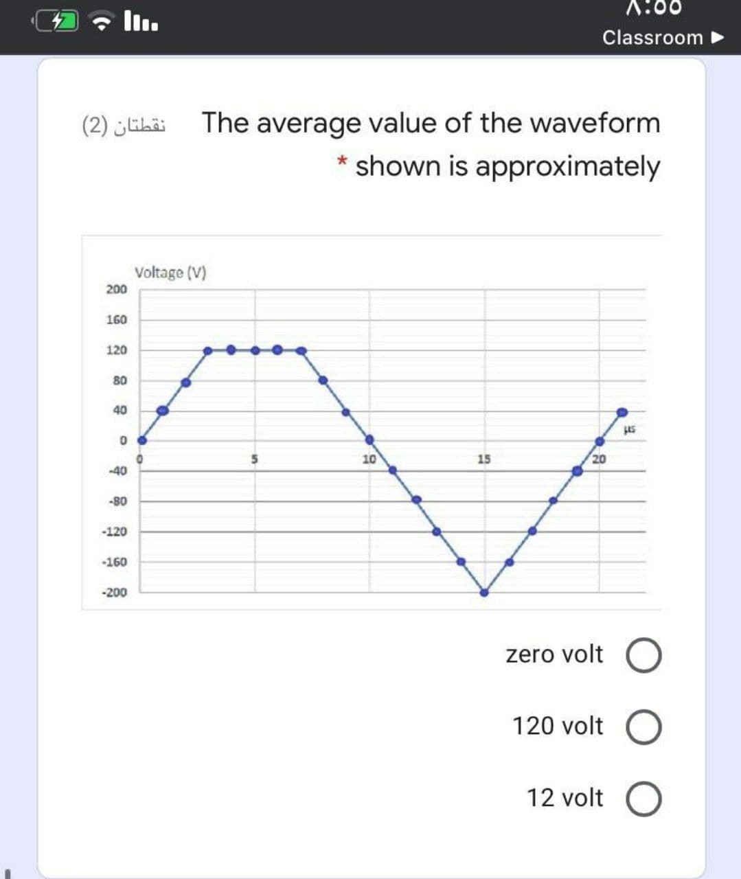 نقطتان )2(
The average value of the waveform
* shown is approximately
Voltage (V)
200
160
120
80
40
10
15
20
-40
-80
-120
-160
-200
zero volt O
120 volt O
12 volt O
