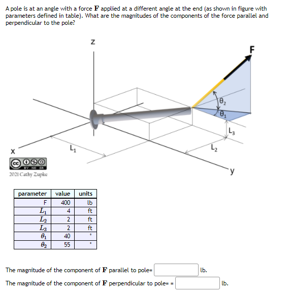 A pole is at an angle with a force F applied at a different angle at the end (as shown in figure with
parameters defined in table). What are the magnitudes of the components of the force parallel and
perpendicular to the pole?
z
F
NG SA
2021 Cathy Zupke
parameter
value
units
F
400
lb
4
ft
L2
La
2
ft
ft
40
55
The magnitude of the component of F parallel to pole=
lb.
The magnitude of the component of F perpendicular to pole= =
lb.
