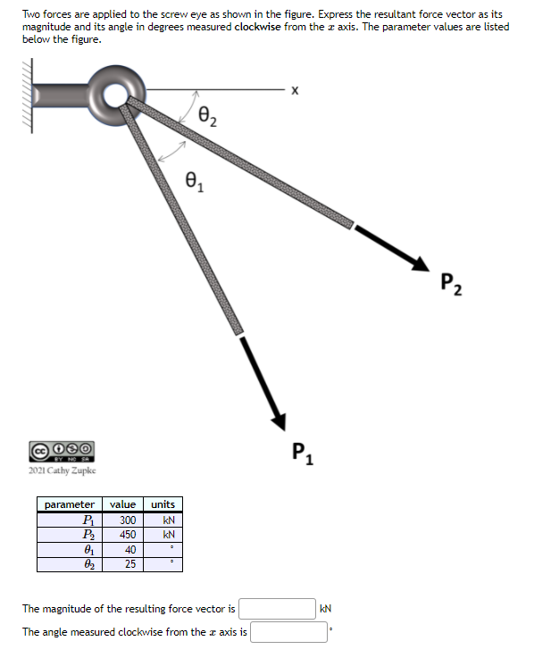Two forces are applied to the screw eye as shown in the figure. Express the resultant force vector as its
magnitude and its angle in degrees measured clockwise from the a axis. The parameter values are listed
below the figure.
02
P2
000
P1
2021 Cathy Zupke
parameter
value
units
P
P
300
kN
450
kN
40
25
kN
The magnitude of the resulting force vector is
The angle measured clockwise from the z axis is
