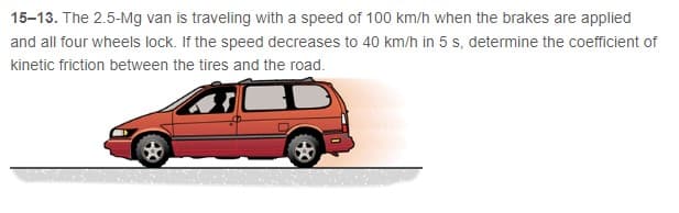 15-13. The 2.5-Mg van is traveling with a speed of 100 km/h when the brakes are applied
and all four wheels lock. If the speed decreases to 40 km/h in 5 s, determine the coefficient of
kinetic friction between the tires and the road.
