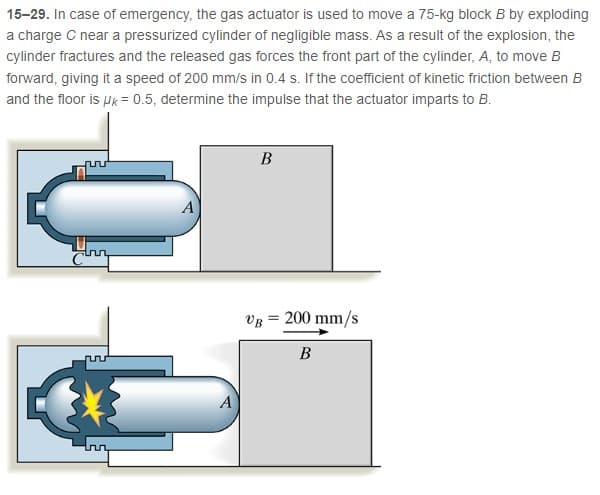 15-29. In case of emergency, the gas actuator is used to move a 75-kg block B by exploding
a charge C near a pressurized cylinder of negligible mass. As a result of the explosion, the
cylinder fractures and the released gas forces the front part of the cylinder, A, to move B
forward, giving it a speed of 200 mm/s in 0.4 s. If the coefficient of kinetic friction between B
and the floor is Pk= 0.5, determine the impulse that the actuator imparts to B.
В
A
VB = 200 mm/s
B
A
