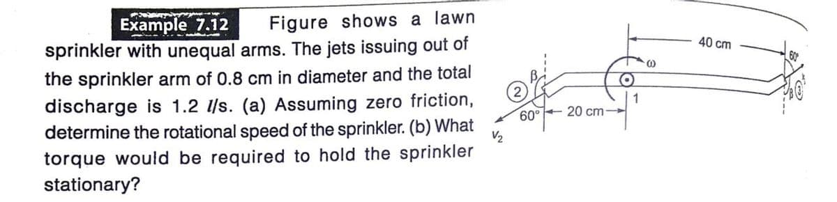 Figure shows a lawn
sprinkler with unequal arms. The jets issuing out of
Example 7.12
40 cm
the sprinkler arm of 0.8 cm in diameter and the total
discharge is 1.2 l/s. (a) Assuming zero friction,
determine the rotational speed of the sprinkler. (b) What
torque would be required to hold the sprinkler
stationary?
1
60° 20 cm-
V2
