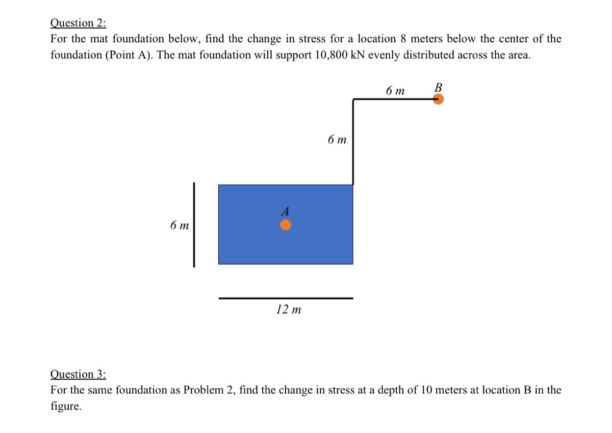 Question 2:
For the mat foundation below, find the change in stress for a location 8 meters below the center of the
foundation (Point A). The mat foundation will support 10,800 kN evenly distributed across the area.
A
6 m
12 m
6 m
6 m
B
Question 3:
For the same foundation as Problem 2, find the change in stress at a depth of 10 meters at location B in the
figure.