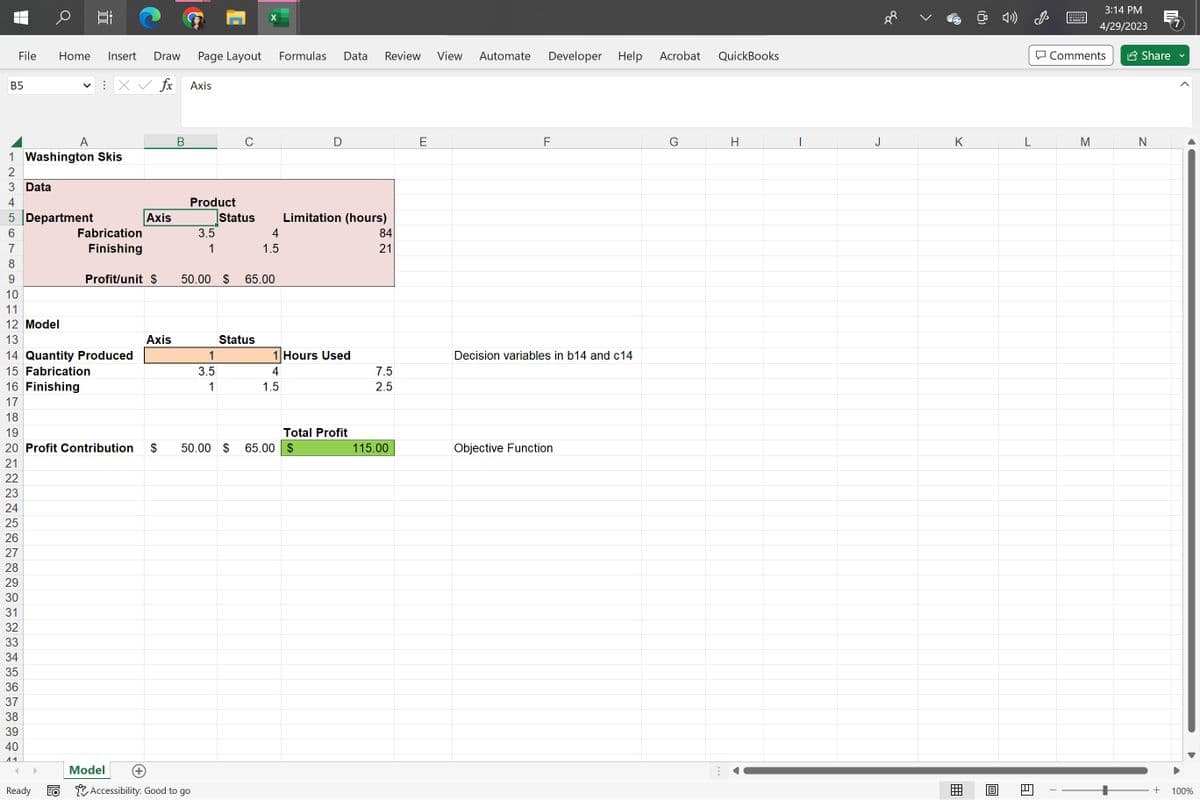 File
B5
23456
1 Washington Skis
3 Data
Home Insert Draw Page Layout Formulas Data Review View Automate
X✓ fx
A
5 Department
9
10
11
12 Model
13
Ready
Axis
Model
+
B
Axis
Axis
Product
Fabrication
Finishing
Profit/unit $ 50.00 $ 65.00
3.5
1
Accessibility: Good to go
C
Status
14 Quantity Produced
15 Fabrication
16 Finishing
17
18
19
20 Profit Contribution $ 50.00 $ 65.00 $
21
22
23
24
25
26
27
28
29
30
31
32
33
34
35
36
37
38
39
40
11
1
3.5
4
1.5
Status
D
Limitation (hours)
84
21
1 Hours Used
4
1.5
Total Profit
7.5
2.5
115.00
E
Developer Help Acrobat QuickBooks
F
Decision variables in b14 and c14
Objective Function
G
I
|
J
K
0
L
a
3:14 PM
4/29/2023
Comments
M
Share
N
+ 100%
