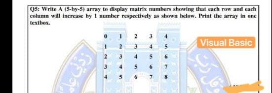 Q5: Write A (5-by-5) array to display matrix numbers showing that each row and each
column will increase by 1 number respectively as shown below. Print the array in one
textbox.
2
3
4.
Visual Basic
3
4
2
3
4
6.
3.
5.
6
8
