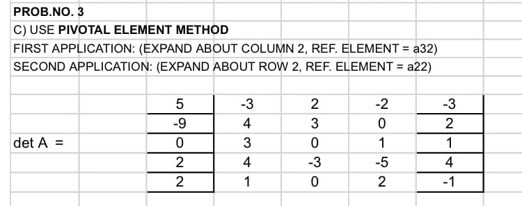 PROB.NO. 3
C) USE PIVOTAL ELEMENT METHOD
FIRST APPLICATION: (EXPAND ABOUT COLUMN 2, REF. ELEMENT = a32)
SECOND APPLICATION: (EXPAND ABOUT ROW 2, REF. ELEMENT = a22)
5
-3
2
-2
-3
4
3
0
2
det A =
3
0
1
1
4
-3
-5
4
1
0
2
-1
9022
-9