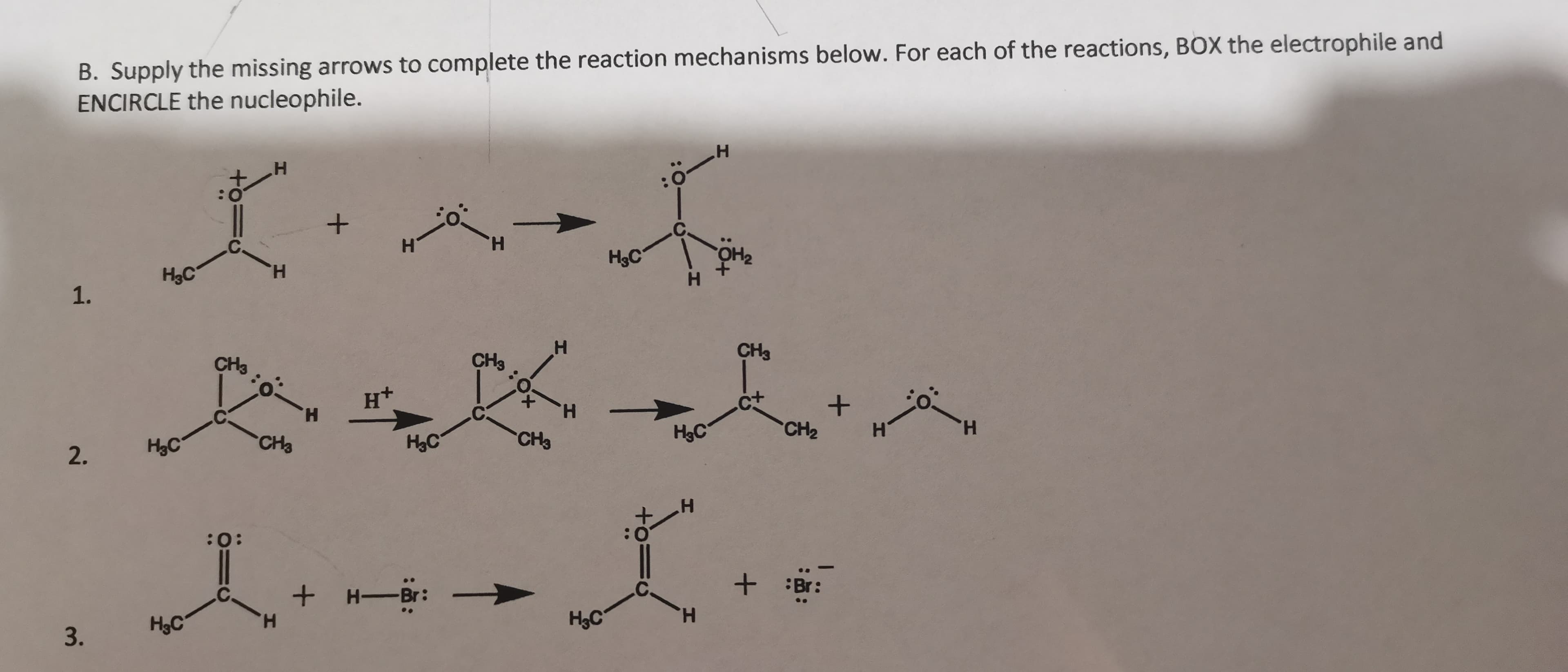 1.
B. Supply the missing arrows to complete the reaction mechanisms below. For each of the reactions, BOX the electrophile and
ENCIRCLE the nucleophile.
H3C
H.
H.
H3C
H.
CH3
CH3
H3C
H.
CHa
2.
H2C
HgC
CH2
H.
:0:
:-H +
H3C
3.
+ :Br:
H.
