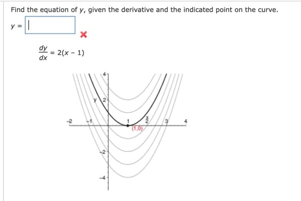 Find the equation of y, given the derivative and the indicated point on the curve.
y = ||
dy
dx
= 2(x - 1)
f
2
(1,0)
2
7