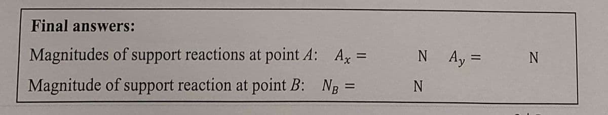 Final answers:
Magnitudes of support reactions at point A: Ax =
Magnitude of support reaction at point B: Ng =
N Ay =
N
N