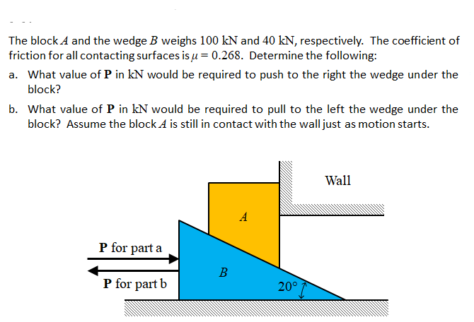 The block A and the wedge B weighs 100 kN and 40 kN, respectively. The coefficient of
friction for all contacting surfaces is u = 0.268. Determine the following:
a. What value of P in kN would be required to push to the right the wedge under the
block?
b. What value of P in kN would be required to pull to the left the wedge under the
block? Assume the block A is still in contact with the wall just as motion starts.
Wall
A
P for part a
P for part b
20°
