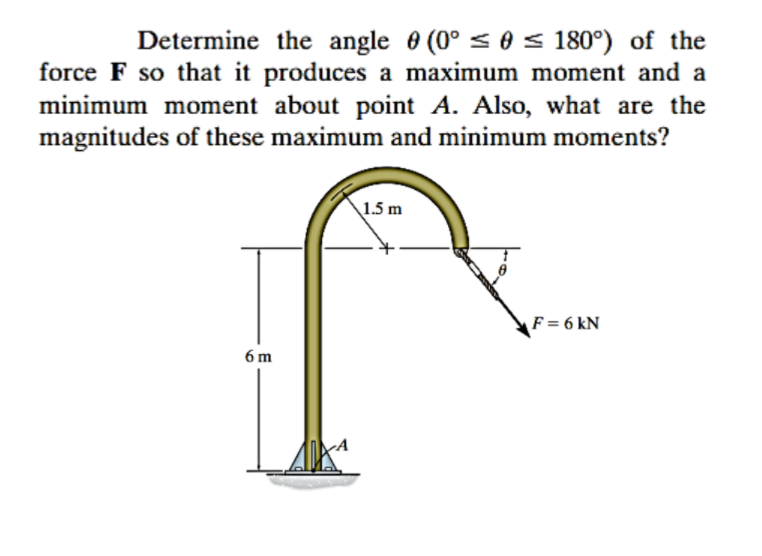Determine the angle 0 (0° s0< 180°) of the
force F so that it produces a maximum moment and a
minimum moment about point A. Also, what are the
magnitudes of these maximum and minimum moments?
1.5 m
F = 6 kN
6 m
