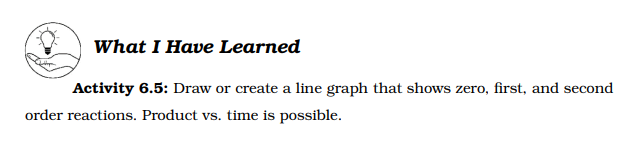 What I Have Learned
Activity 6.5: Draw or create a line graph that shows zero, first, and second
order reactions. Product vs. time is possible.
