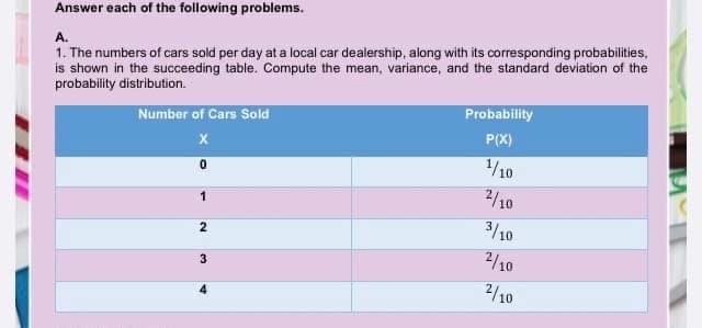 Answer each of the following problems.
1. The numbers of cars sold per day at a local car dealership, along with its corresponding probabilities,
is shown in the succeeding table. Compute the mean, variance, and the standard deviation of the
probability distribution.
A.
Probability
Number of Cars Sold
P(X)
10
2/10
2.
3/10
2/10
3.
리10
