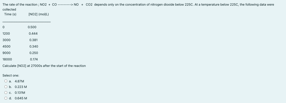 The rate of the reaction ; NO2 + CO ---------> NO
+ Co2 depends only on the concentration of nitrogen dioxide below 225C. At a temperature below 225C, the following data were
collected
Time (s)
[NO2] (mol/L)
0.500
1200
0.444
3000
0.381
4500
0.340
9000
0.250
18000
0.174
Calculate [NO2] at 27000s after the start of the reaction
Select one:
O a.
4.87M
O b. 0.223 M
C.
0.131M
d.
0.645 M
