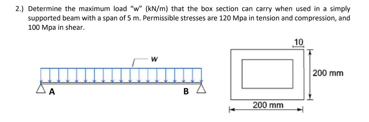 2.) Determine the maximum load “w” (kN/m) that the box section can carry when used in a simply
supported beam with a span of 5 m. Permissible stresses are 120 Mpa in tension and compression, and
100 Mpa in shear.
10
200 mm
B
200 mm
A