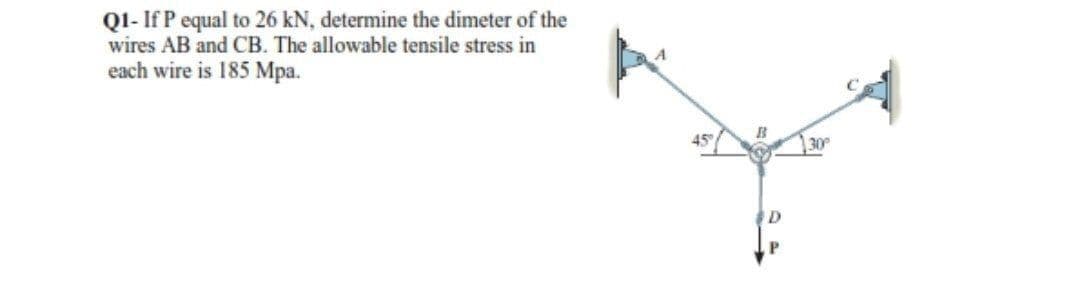 QI- If P equal to 26 kN, determine the dimeter of the
wires AB and CB. The allowable tensile stress in
each wire is 185 Mpa.
130
