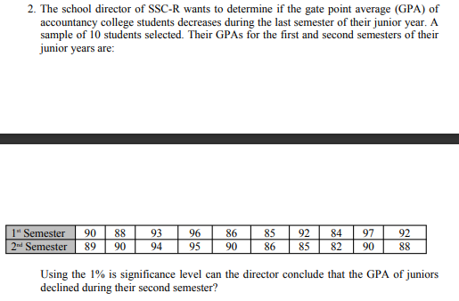 2. The school director of SSC-R wants to determine if the gate point average (GPA) of
accountancy college students decreases during the last semester of their junior year. A
sample of 10 students selected. Their GPAS for the first and second semesters of their
junior years are:
1" Semester
2nd Semester
92
85
90
88
93
96
86
85
84
97
92
89
90
94
95
90
86
82
90
88
Using the 1% is significance level can the director conclude that the GPA of juniors
declined during their second semester?
