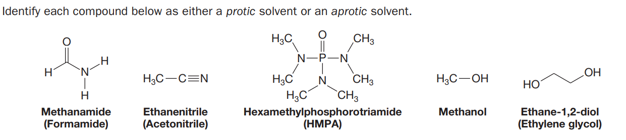 Identify each compound below as either a protic solvent or an aprotic solvent.
H3C
CH3
N
N.
H3C
H,C
CH3
`CH3
H3C-C=N
N
H3C-OH
HO
НО
H
Ethane-1,2-diol
(Ethylene glycol)
Methanamide
Ethanenitrile
Methanol
Hexamethylphosphorotriamide
(ΗMPA)
(Formamide)
(Acetonitrile)
O=0
