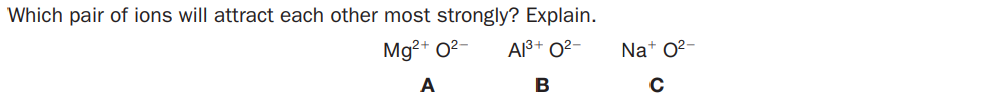 Which pair of ions will attract each other most strongly? Explain.
Mg?+ O2-
Al3+ O2-
Na* 02-
A
B
