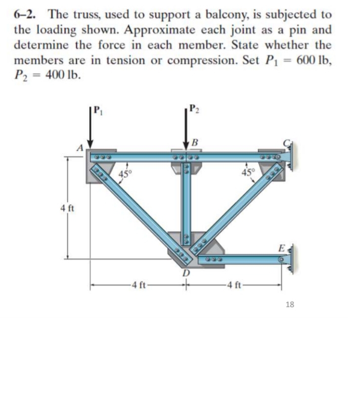 6–2. The truss, used to support a balcony, is subjected to
the loading shown. Approximate each joint as a pin and
determine the force in each member. State whether the
members are in tension or compression. Set P1 = 600 lb,
P2 = 400 lb.
B
A
450
45°
4 ft
233
E
D
-4 ft-
-4 ft-
18
339
