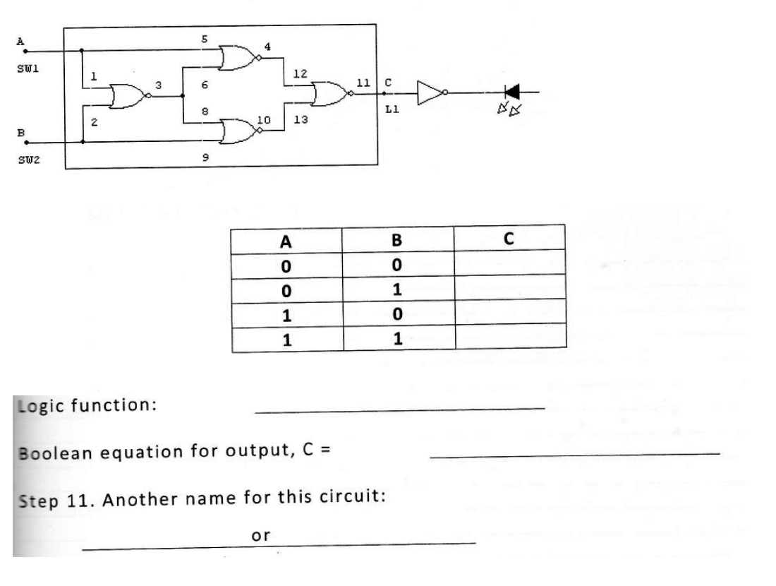 A
SW1
B
SWZ
2
5
6
8
9
12
10 13
or
A
0
0
1
1
11 C
Logic function:
Boolean equation for output, C =
Step 11. Another name for this circuit:
L1
B
0
1
0
1
X
C