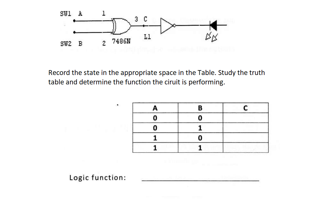 SUL A
SW2 B
1
2
7486N
3 C
Logic function:
L1
Record the state in the appropriate space in the Table. Study the truth
table and determine the function the ciruit is performing.
A
0
0
1
1
仅仅
B
0
1
0
1
C