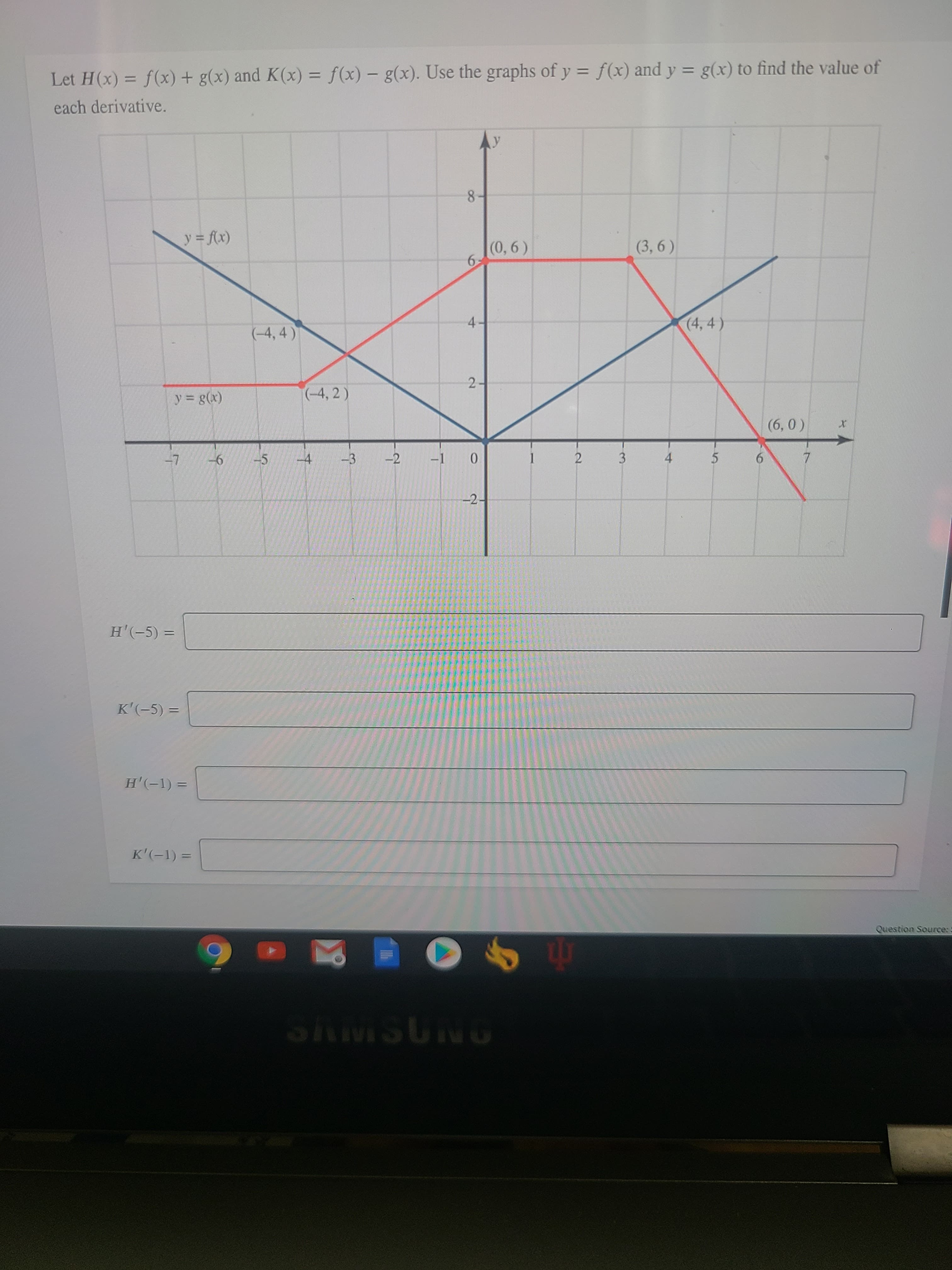 %3D
Let H(x) = f(x) + g(x) and K(x) = f(x) – g(x). Use the graphs of y = f(x) and y = g(x) to find the value of
%3D
%3D
each derivative.
