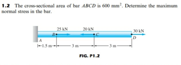1.2 The cross-sectional area of bar ABCD is 600 mm². Determine the maximum
normal stress in the bar.
25 kN
B•
20 kN
30 kN
|A
+1.5 m→-
- 3 m-
- 3 m-
FIG. P1.2
