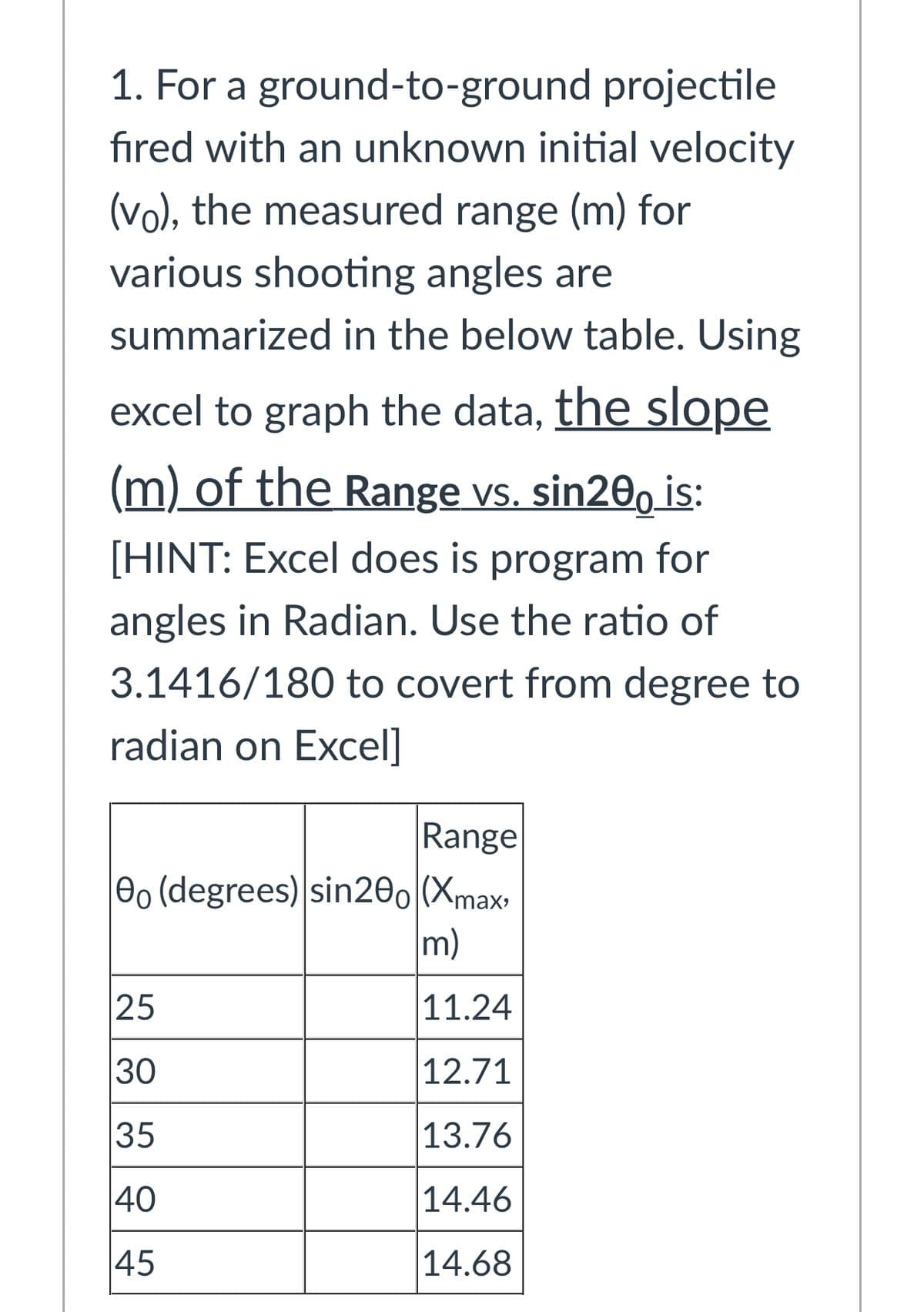 1. For a ground-to-ground projectile
fıred with an unknown initial velocity
(vo), the measured range (m) for
various shooting angles are
summarized in the below table. Using
excel to graph the data, the slope
(m) of the Range vs. sin20, is:
[HINT: Excel does is program for
angles in Radian. Use the ratio of
3.1416/180 to covert from degree to
radian on Excel]
Range
eo (degrees) sin200 (Xmax
m)
max»
25
11.24
30
12.71
35
13.76
40
14.46
|45
|14.68

