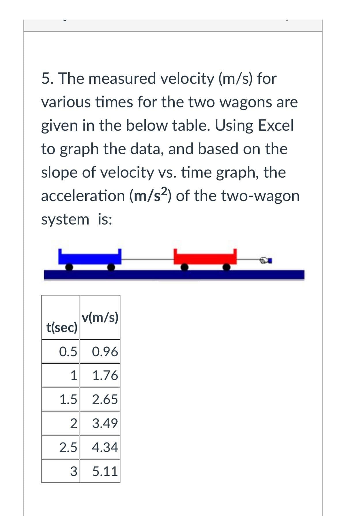 5. The measured velocity (m/s) for
various times for the two wagons are
given in the below table. Using Excel
to graph the data, and based on the
slope of velocity vs. time graph, the
acceleration (m/s²) of the two-wagon
system is:
v(m/s)
t(sec)
0.5 0.96
1
1.76
1.5 2.65
2 3.49
2.5 4.34
3
5.11
