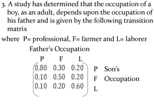 3. A study has determined that the occupation of a
boy, as an adult, depends upon the occupation of
his father and is given by the following transition
matrix
where P= professional, F= farmer and L= laborer
Father's Occupation
P F
L
0.80 0.30 0.20
0.10 0.50 0.20
0.10 0.20 0.60
P Son's
F Occupation
