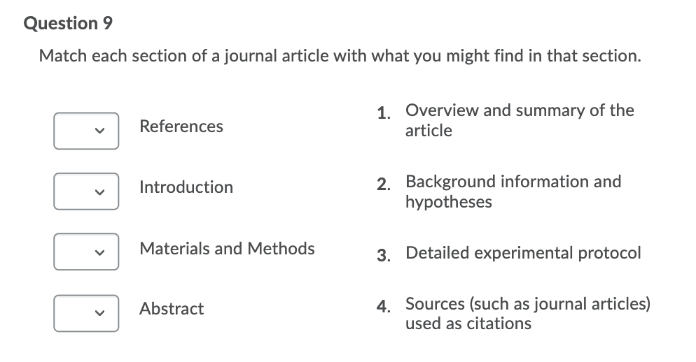 Question 9
Match each section of a journal article with what you might find in that section.
1. Overview and summary of the
References
article
2. Background information and
hypotheses
Introduction
Materials and Methods
3. Detailed experimental protocol
4. Sources (such as journal articles)
used as citations
Abstract
