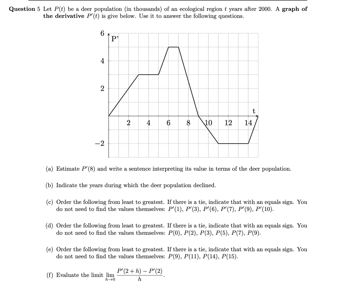 Question 5 Let P(t) be a deer population (in thousands) of an ecological region t years after 2000. A graph of
the derivative P'(t) is give below. Use it to answer the following questions.
6.
[P'
4
2
2
4
6.
8.
\10
12
14
-2
(a) Estimate P'(8) and write a sentence interpreting its value in terms of the deer population.
(b) Indicate the years during which the deer population declined.
(c) Order the following from least to greatest. If there is a tie, indicate that with an equals sign. You
do not need to find the values themselves: P'(1), P'(3), P'(6), P'(7), P'(9), P'(10).
(d) Order the following from least to greatest. If there is a tie, indicate that with an equals sign. You
do not need to find the values themselves: P(0), P(2), P(3), P(5), P(7), P(9).
(e) Order the following from least to greatest. If there is a tie, indicate that with an equals sign. You
do not need to find the values themselves: P(9), P(11), P(14), P(15).
P(2+ h) — Р'(2)
(f) Evaluate the limit lim
h→0
h
