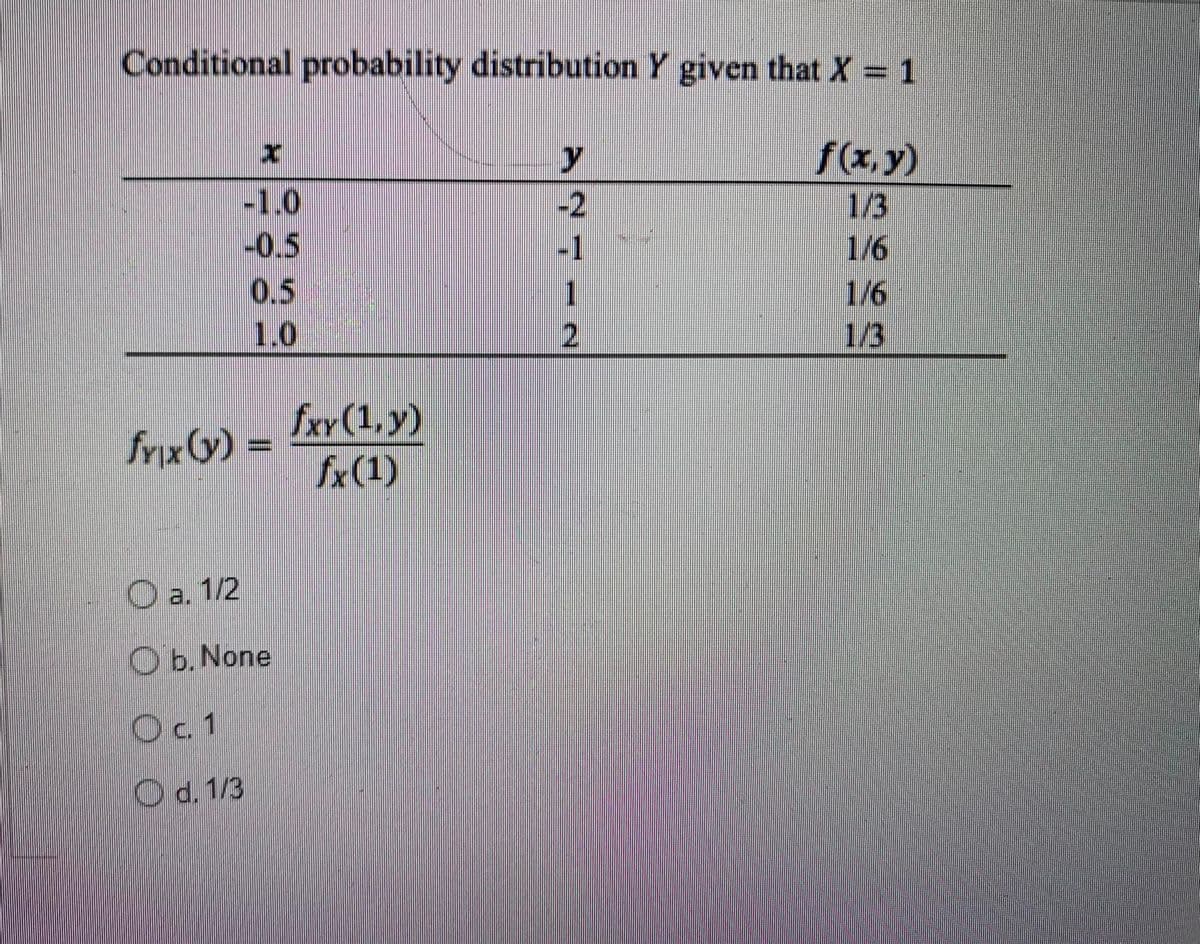 Conditional probability distribution Y given that X 1
f(x,y)
-1.0
-2
1/3
1/6
1/6
1/3
-0.5
-1
0.5
1.0
1
2.
fxr(1,y)
frix (y) =
fx(1)
O a. 1/2
O b. None
Oc1
Od. 1/3

