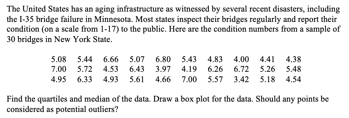 The United States has an aging infrastructure as witnessed by several recent disasters, including
the I-35 bridge failure in Minnesota. Most states inspect their bridges regularly and report their
condition (on a scale from 1-17) to the public. Here are the condition numbers from a sample of
30 bridges in New York State.
5.08
5.44
6.66
5.07
6.80
5.43
4.83
4.00
4.41
4.38
7.00
5.72
4.53
6.43
3.97
4.19
6.26
6.72
5.26
5.48
4.95
6.33
4.93
5.61
4.66
7.00
5.57
3.42
5.18
4.54
Find the quartiles and median of the data. Draw a box plot for the data. Should any points be
considered as potential outliers?
