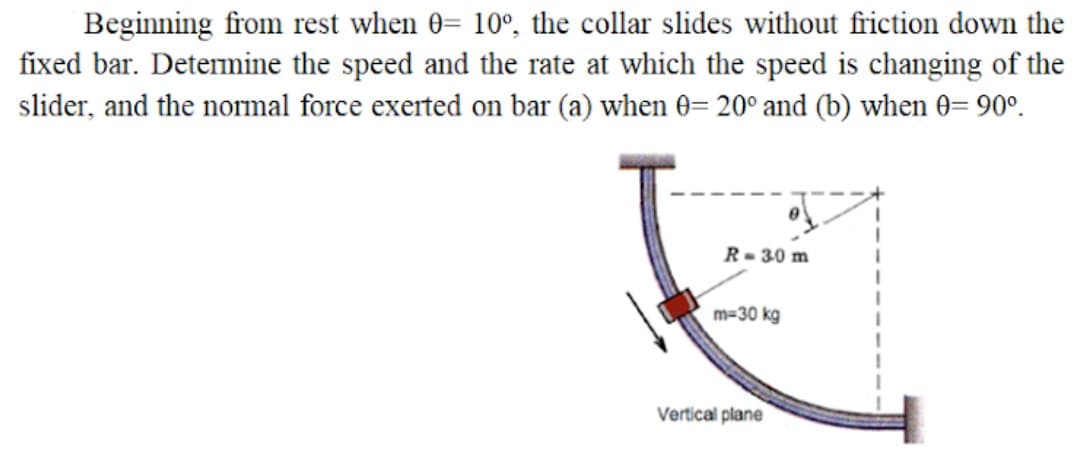 Beginning from rest when 0= 10°, the collar slides without friction down the
fixed bar. Detemmine the speed and the rate at which the speed is changing of the
slider, and the normal force exerted on bar (a) when 0= 20° and (b) when 0= 90°.
R- 30 m
m=30 kg
Vertical plane
