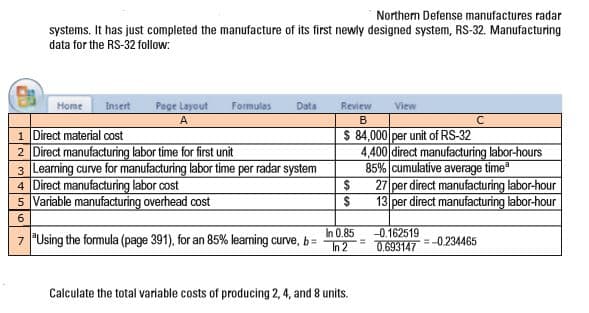 Northern Defense manufactures radar
systems. It has just completed the manufacture of its first newly designed system, RS-32. Manufacturing
data for the RS-32 follow:
Home
Insert
Page Layout
Formulas
Data
Review
View
1 Direct material cost
2 Direct manufacturing labor time for first unit
3 Learning curve for manufacturing labor time
4 Direct manufacturing labor cost
5 Variable manufacturing overhead cost
$ 84,000 per unit of RS-32
4,400 direct manufacturing labor-hours
85% cumulative average time
27 per direct manufacturing labor-hour
13 per direct manufacturing labor-hour
per
radar system
2$
In 0.85
-0.162519
7 "Using the formula (page 391), for an 85% learning curve, b=
In 2- 0.693147 =-0234465
Calculate the total variable costs of producing 2, 4, and 8 units.
