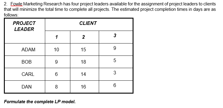 2. Eowle Marketing Research has four project leaders available for the assignment of project leaders to clients
that will minimize the total time to complete all projects. The estimated project completion times in days are as
follows:
PROJECT
CLIENT
LEADER
1
2
3
ADAM
10
15
9
BOB
9.
18
CARL
14
3
DAN
8
16
6
Formulate the complete LP model.
