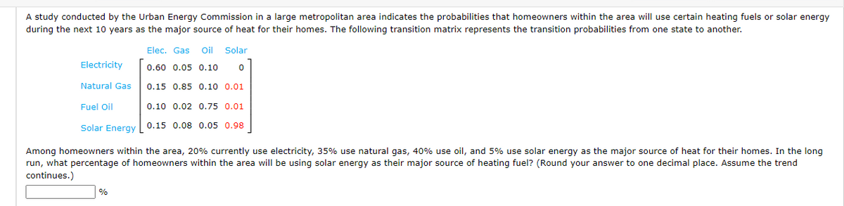 A study conducted by the Urban Energy Commission in a large metropolitan area indicates the probabilities that homeowners within the area will use certain heating fuels or solar energy
during the next 10 years as the major source of heat for their homes. The following transition matrix represents the transition probabilities from one state to another.
Elec. Gas Oil Solar
Electricity
0.60 0.05 0.10
Natural Gas
0.15 0.85 0.10 0.01
Fuel Oil
0.10 0.02 0.75 0.01
Solar Energy
0.15 0.08 0.05 0.98
Among homeowners within the area, 20% currently use electricity, 35% use natural gas, 40% use oil, and 5% use solar energy as the major source of heat for their homes. In the long
run, what percentage of homeowners within the area will be using solar energy as their major source of heating fuel? (Round your answer to one decimal place. Assume the trend
continues.)
%
