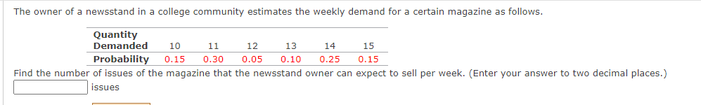 The owner of a newsstand in a college community estimates the weekly demand for a certain magazine as follows.
Quantity
Demanded
10
11
12
13
14
15
Probability
0.15
0.30
0.05
0.10
0.25
0.15
Find the number of issues of the magazine that the newsstand owner can expect to sell per week. (Enter your answer to two decimal places.)
issues
