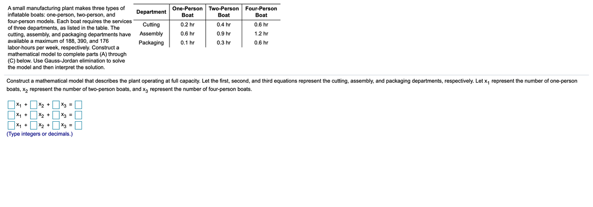 A small manufacturing plant makes three types of
inflatable boats: one-person, two-person, and
four-person models. Each boat requires the services
of three departments, as listed in the table. The
cutting, assembly, and packaging departments have
available a maximum of 188, 390, and 176
labor-hours
One-Person
Two-Person
Four-Person
Department
Вoat
Вoat
Вoat
Cutting
0.2 hr
0.4 hr
0.6 hr
Assembly
0.6 hr
0.9 hr
1.2 hr
Packaging
0.1 hr
0.3 hr
0.6 hr
per week, respectively. Construct a
mathematical model to complete parts (A) through
(C) below. Use Gauss-Jordan elimination to solve
the model and then interpret the solution.
Construct a mathematical model that describes the plant operating at full capacity. Let the first, second, and third equations represent the cutting, assembly, and packaging departments, respectively. Let x, represent the number of one-person
boats, x, represent the number of two-person boats, and x3 represent the number of four-person boats.
X1 +
X2 +
X3 =
X1 +
X2 +
X3
%3D
X1 +
X2 +
X3
%3D
(Type integers or decimals.)

